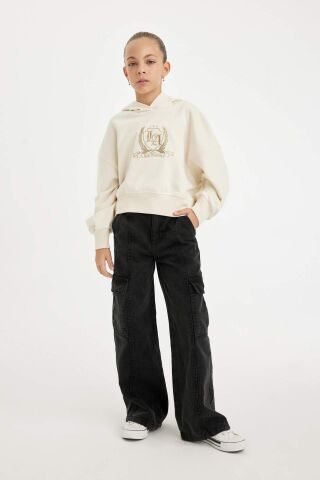 Kız Çocuk Ekru Oversize Geniş Kalıp Kapüşonlu İşlemeli Kalın Sweatshirt