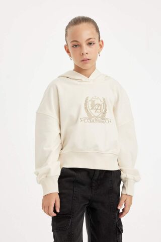 Kız Çocuk Ekru Oversize Geniş Kalıp Kapüşonlu İşlemeli Kalın Sweatshirt
