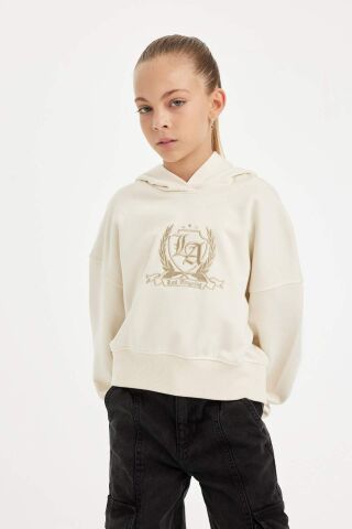 Kız Çocuk Ekru Oversize Geniş Kalıp Kapüşonlu İşlemeli Kalın Sweatshirt