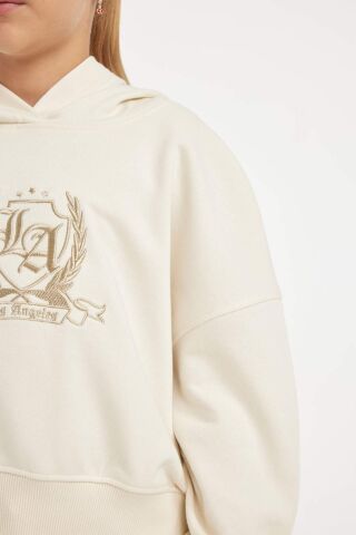 Kız Çocuk Ekru Oversize Geniş Kalıp Kapüşonlu İşlemeli Kalın Sweatshirt
