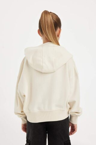 Kız Çocuk Ekru Oversize Geniş Kalıp Kapüşonlu İşlemeli Kalın Sweatshirt