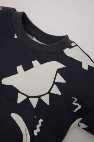 Erkek Bebek 2'li Takım Dinazor Baskılı Sweatshirt Beli Lastikli Eşofman Altı