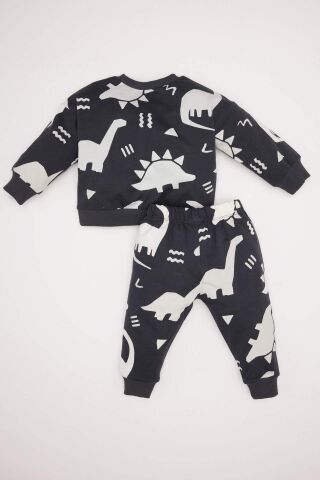 Erkek Bebek 2'li Takım Dinazor Baskılı Sweatshirt Beli Lastikli Eşofman Altı