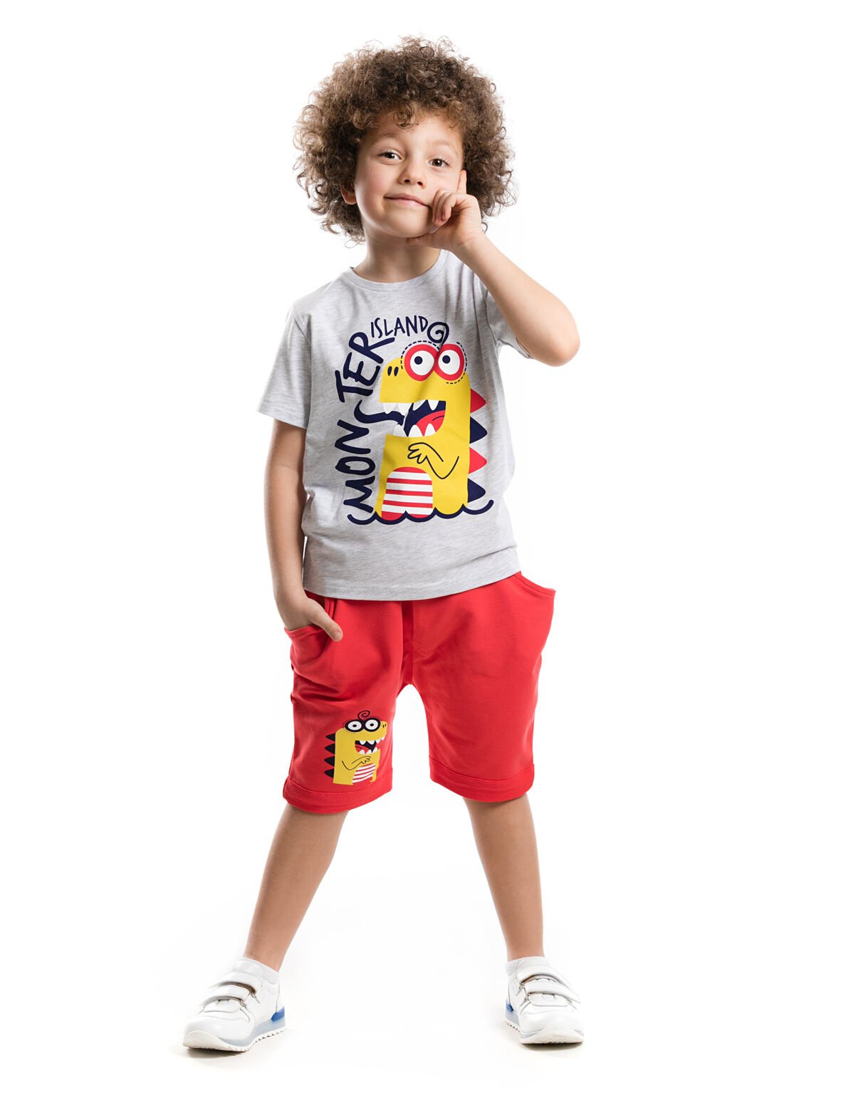 Canavar Adası Erkek Çocuk T-shirt Kapri Şort Takım 2 Y - Krem, Turuncu