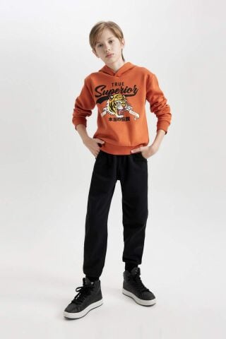 Erkek Çocuk 2'li Takım Kaplan Baskılı Kapüşonlu Kalın Sweatshirt Beli Lastikli Jogger Eşofman Altı