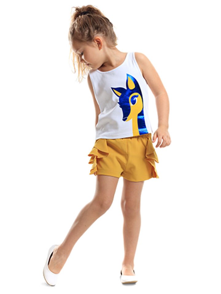 Ceylan Kız Çocuk T-shirt Dokuma Şort Takım 2 Y - Beyaz, Sarı