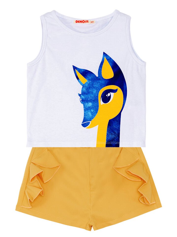 Ceylan Kız Çocuk T-shirt Dokuma Şort Takım 2 Y - Beyaz, Sarı