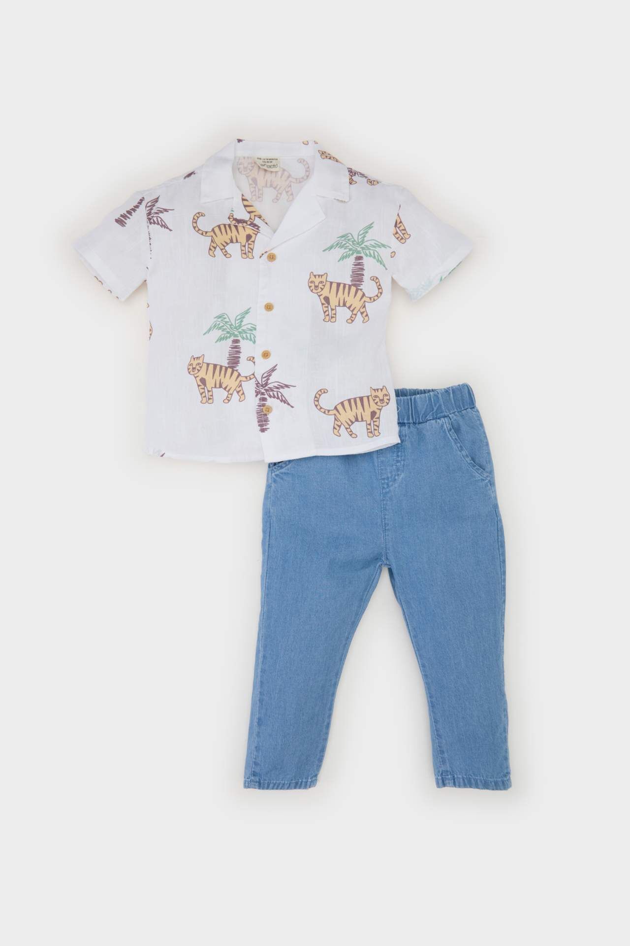 Erkek Bebek 2'li Takım Desenli Flamlı Poplin Kısa Kollu Gömlek Beli Lastikli Jean Pantolon