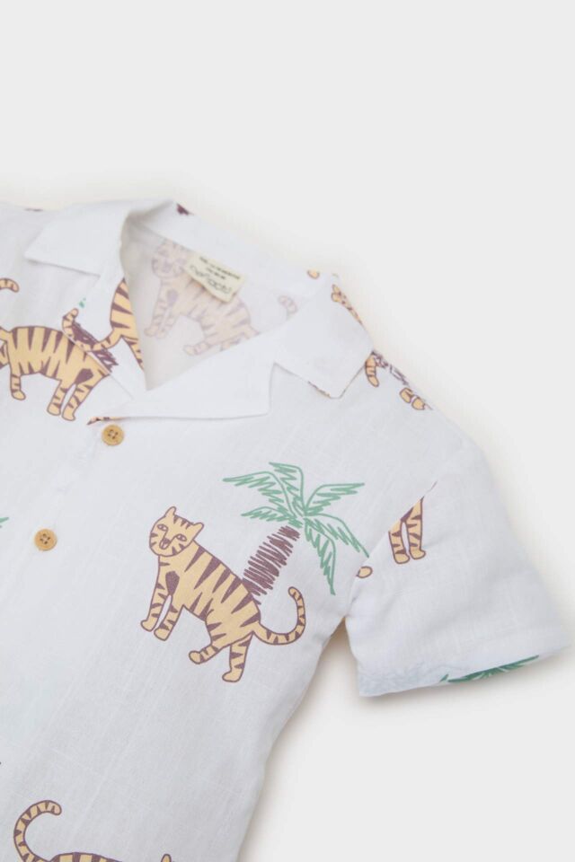 Erkek Bebek 2'li Takım Desenli Flamlı Poplin Kısa Kollu Gömlek Beli Lastikli Jean Pantolon