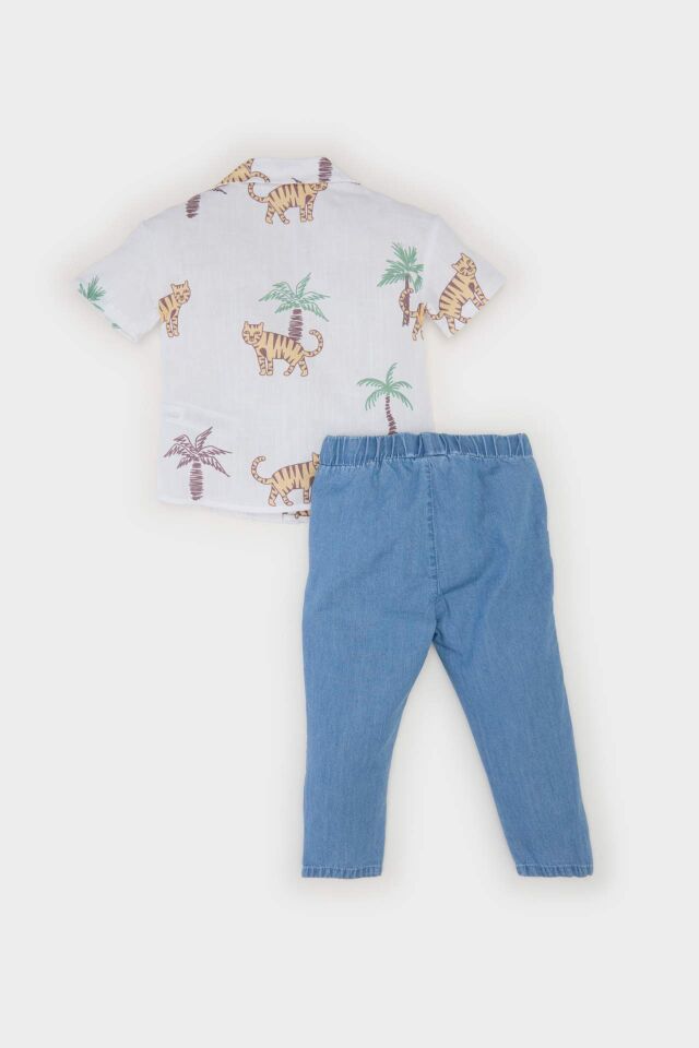 Erkek Bebek 2'li Takım Desenli Flamlı Poplin Kısa Kollu Gömlek Beli Lastikli Jean Pantolon