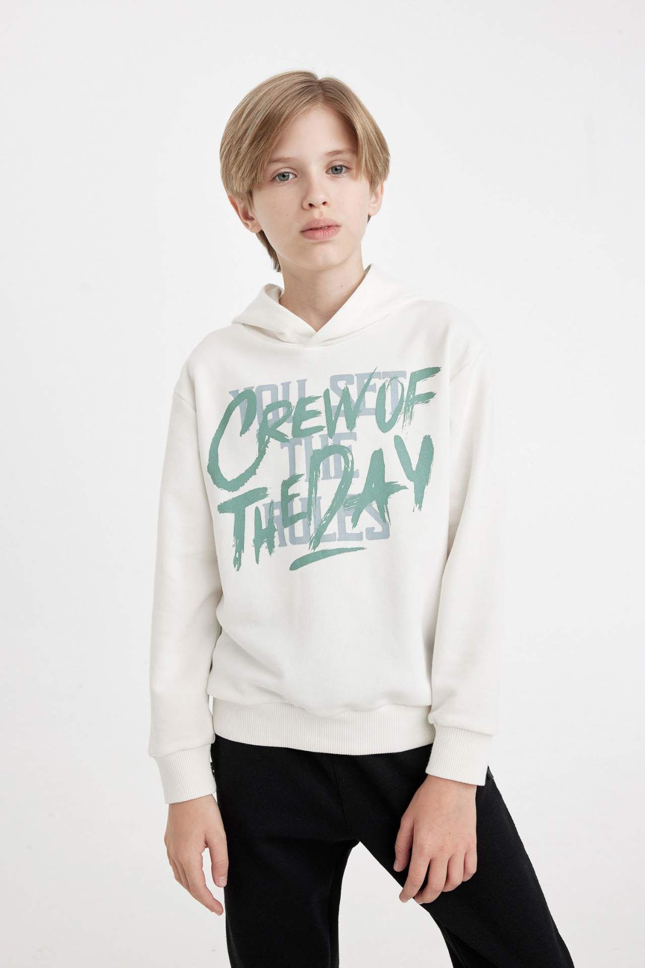 Erkek Çocuk Yazı Baskılı Kapüşonlu Sweatshirt