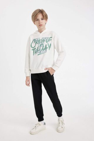 Erkek Çocuk Yazı Baskılı Kapüşonlu Sweatshirt
