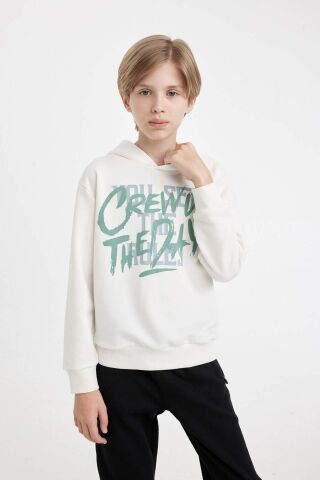 Erkek Çocuk Yazı Baskılı Kapüşonlu Sweatshirt