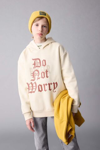 Erkek Çocuk Oversize Geniş Kalıp Kapüşonlu Yazı Baskılı Kalın Sweatshirt