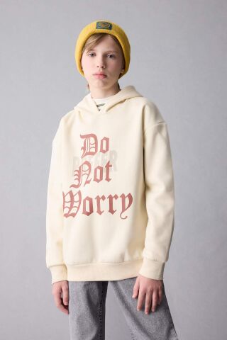 Erkek Çocuk Oversize Geniş Kalıp Kapüşonlu Yazı Baskılı Kalın Sweatshirt
