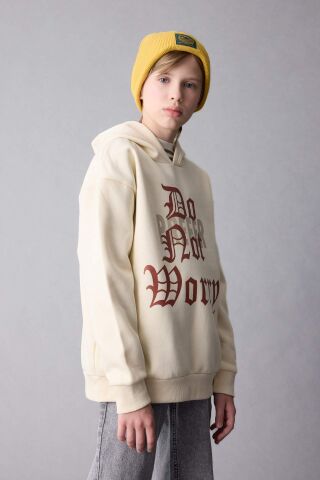 Erkek Çocuk Oversize Geniş Kalıp Kapüşonlu Yazı Baskılı Kalın Sweatshirt