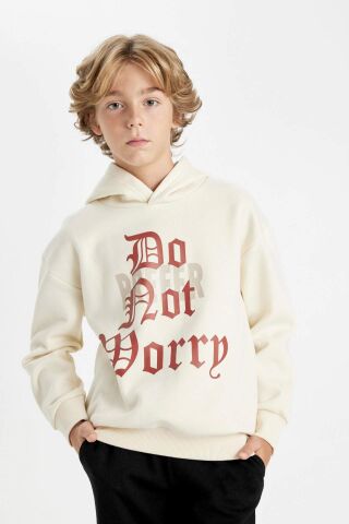 Erkek Çocuk Oversize Geniş Kalıp Kapüşonlu Yazı Baskılı Kalın Sweatshirt