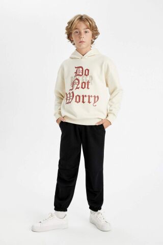 Erkek Çocuk Oversize Geniş Kalıp Kapüşonlu Yazı Baskılı Kalın Sweatshirt