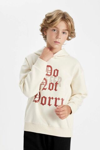 Erkek Çocuk Oversize Geniş Kalıp Kapüşonlu Yazı Baskılı Kalın Sweatshirt