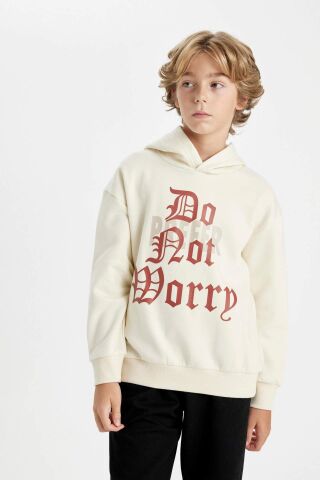 Erkek Çocuk Oversize Geniş Kalıp Kapüşonlu Yazı Baskılı Kalın Sweatshirt