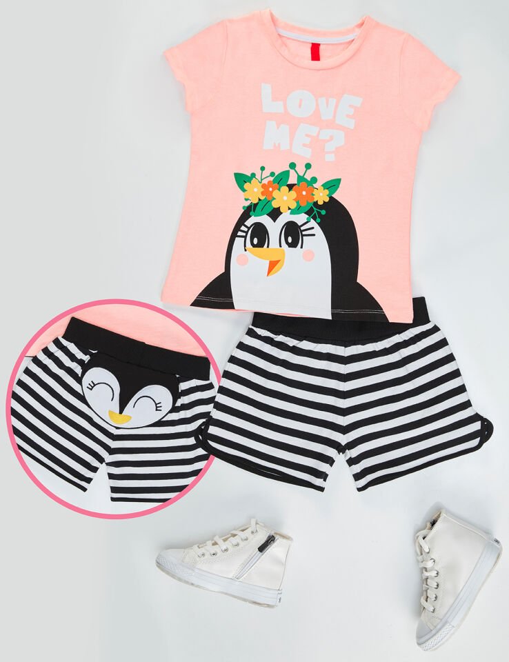 Love Me Kız Çocuk T-shirt Şort Takım 2 Y - Pembe Siyah Beyaz