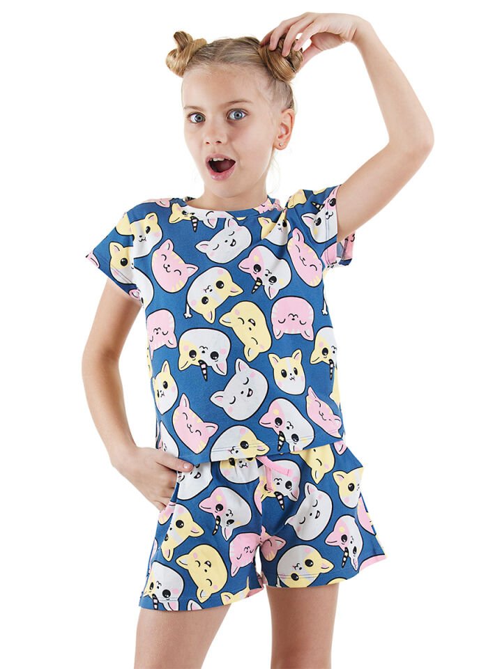 Sevimli Kediler T-shirt Şort Takım 8 Y - Lacivert