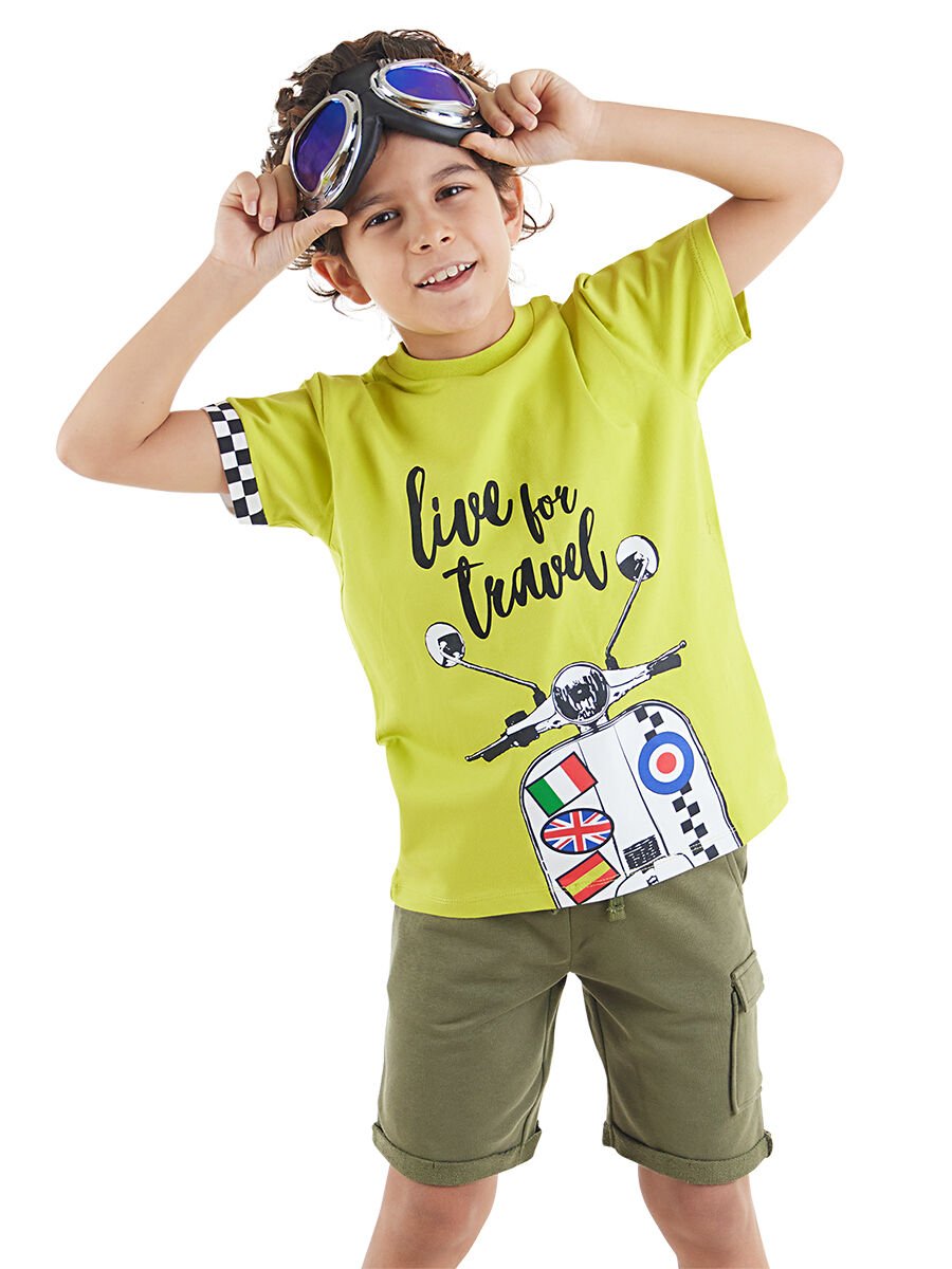 Motosiklet Turu Erkek Çocuk T-Shirt Şort Takım 3 Y - Yeşil, Haki