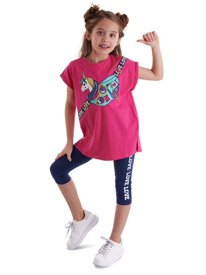 Unicorn Çantalı Kız Çocuk T-shirt Takım