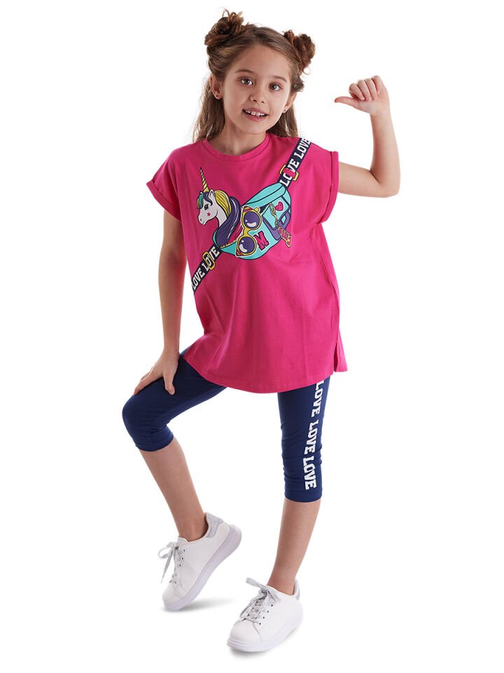 Unicorn Çantalı Kız Çocuk T-shirt Takım