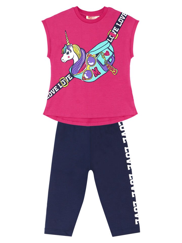 Unicorn Çantalı Kız Çocuk T-shirt Takım
