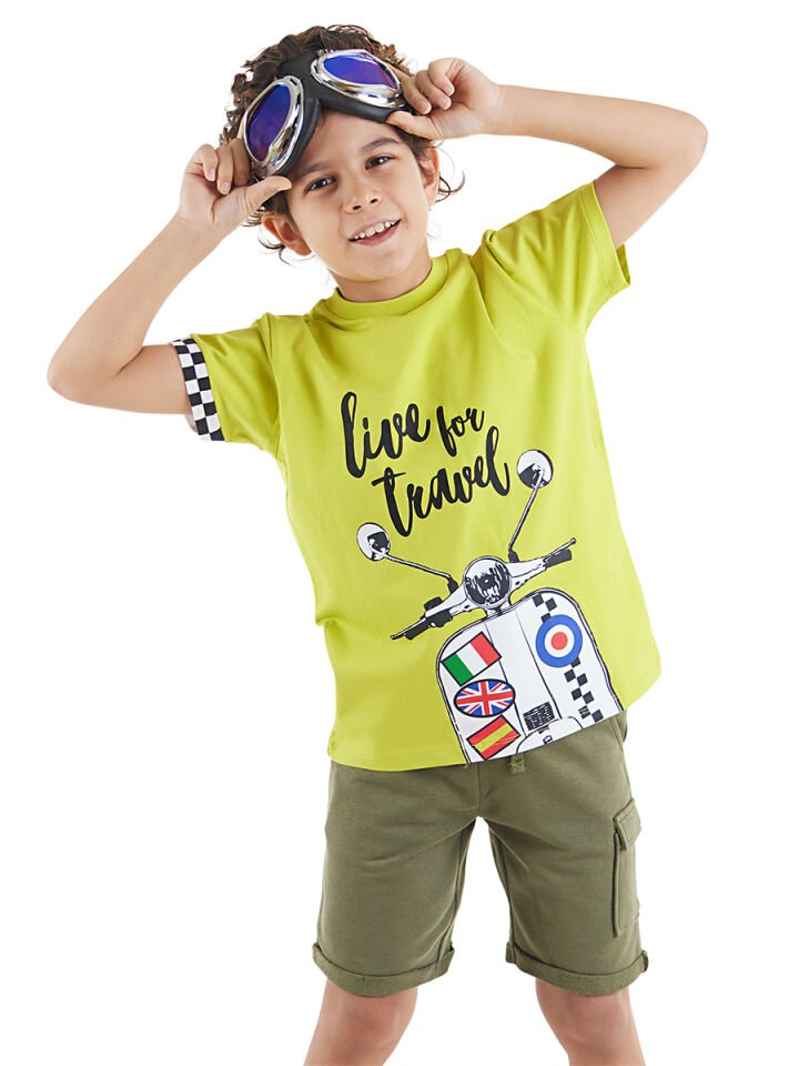 Motosiklet Turu Erkek Çocuk T-Shirt Şort Takım 5 Y - Yeşil, Haki