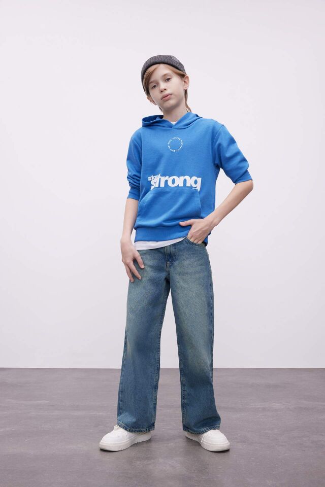 Erkek Çocuk Mavi Yazı Baskılı Cepli Kapüşonlu Okul Sweatshirt