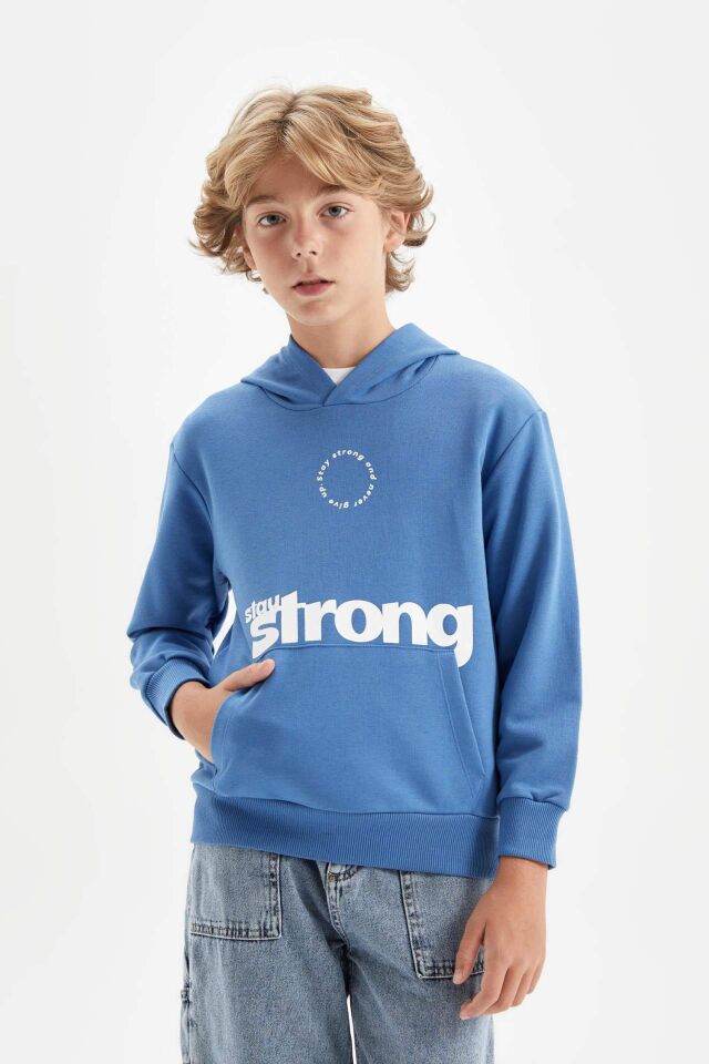 Erkek Çocuk Mavi Yazı Baskılı Cepli Kapüşonlu Okul Sweatshirt