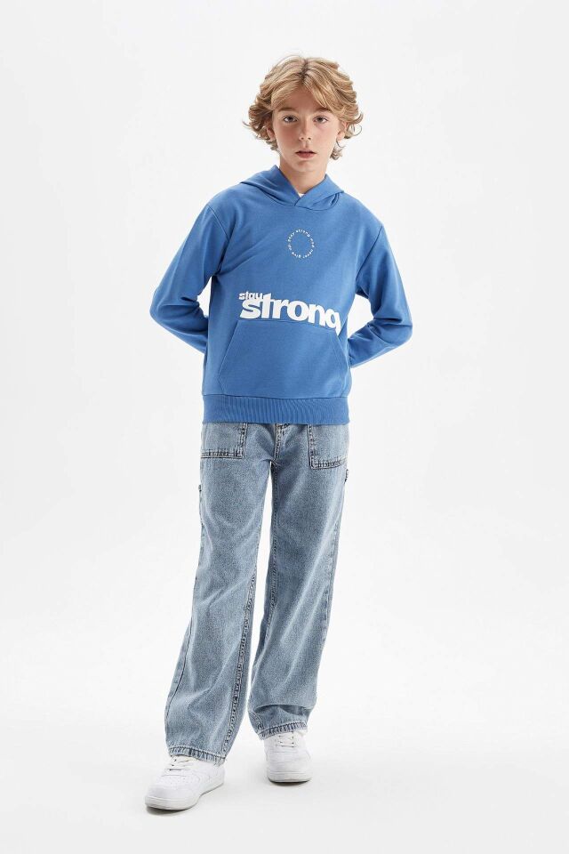 Erkek Çocuk Mavi Yazı Baskılı Cepli Kapüşonlu Okul Sweatshirt