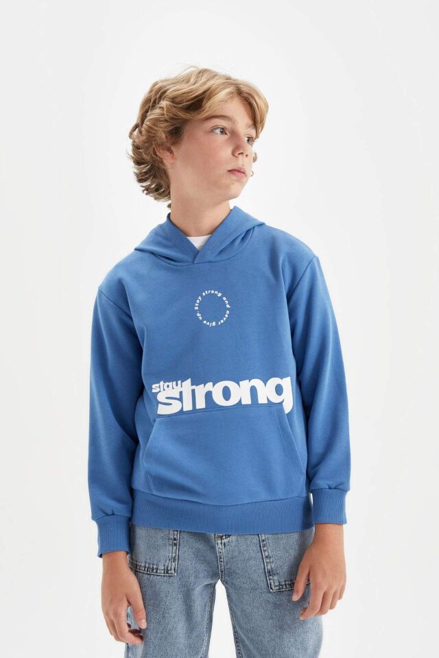 Erkek Çocuk Mavi Yazı Baskılı Cepli Kapüşonlu Okul Sweatshirt