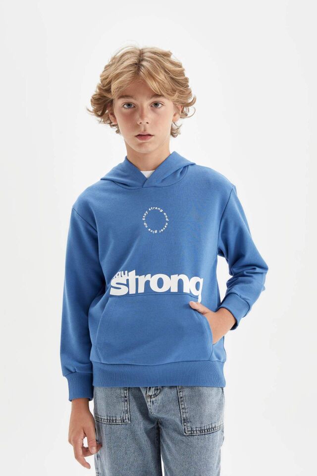 Erkek Çocuk Mavi Yazı Baskılı Cepli Kapüşonlu Okul Sweatshirt