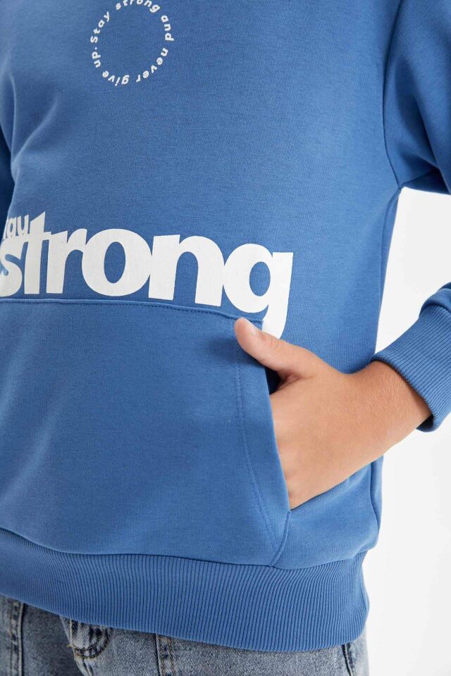 Erkek Çocuk Mavi Yazı Baskılı Cepli Kapüşonlu Okul Sweatshirt