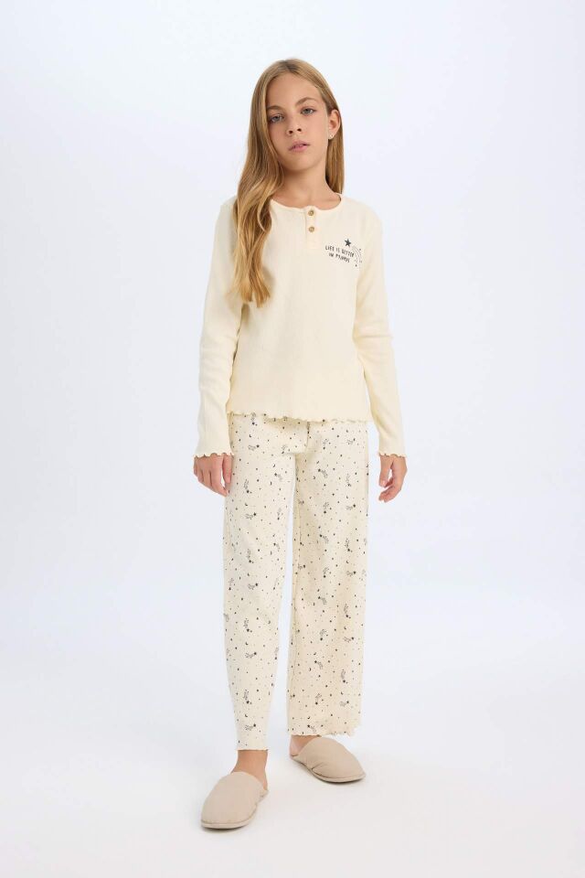 Kız Çocuk Pijama Takım Fitilli Kaşkorse Baskılı Uzun Kollu Üst Beli Lastikli Alt