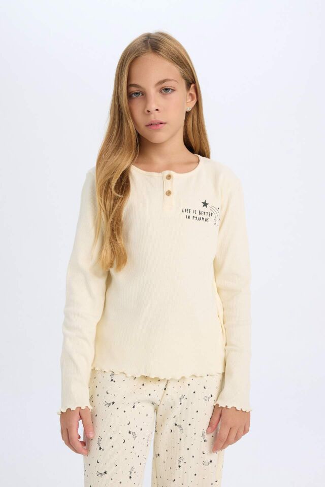 Kız Çocuk Pijama Takım Fitilli Kaşkorse Baskılı Uzun Kollu Üst Beli Lastikli Alt