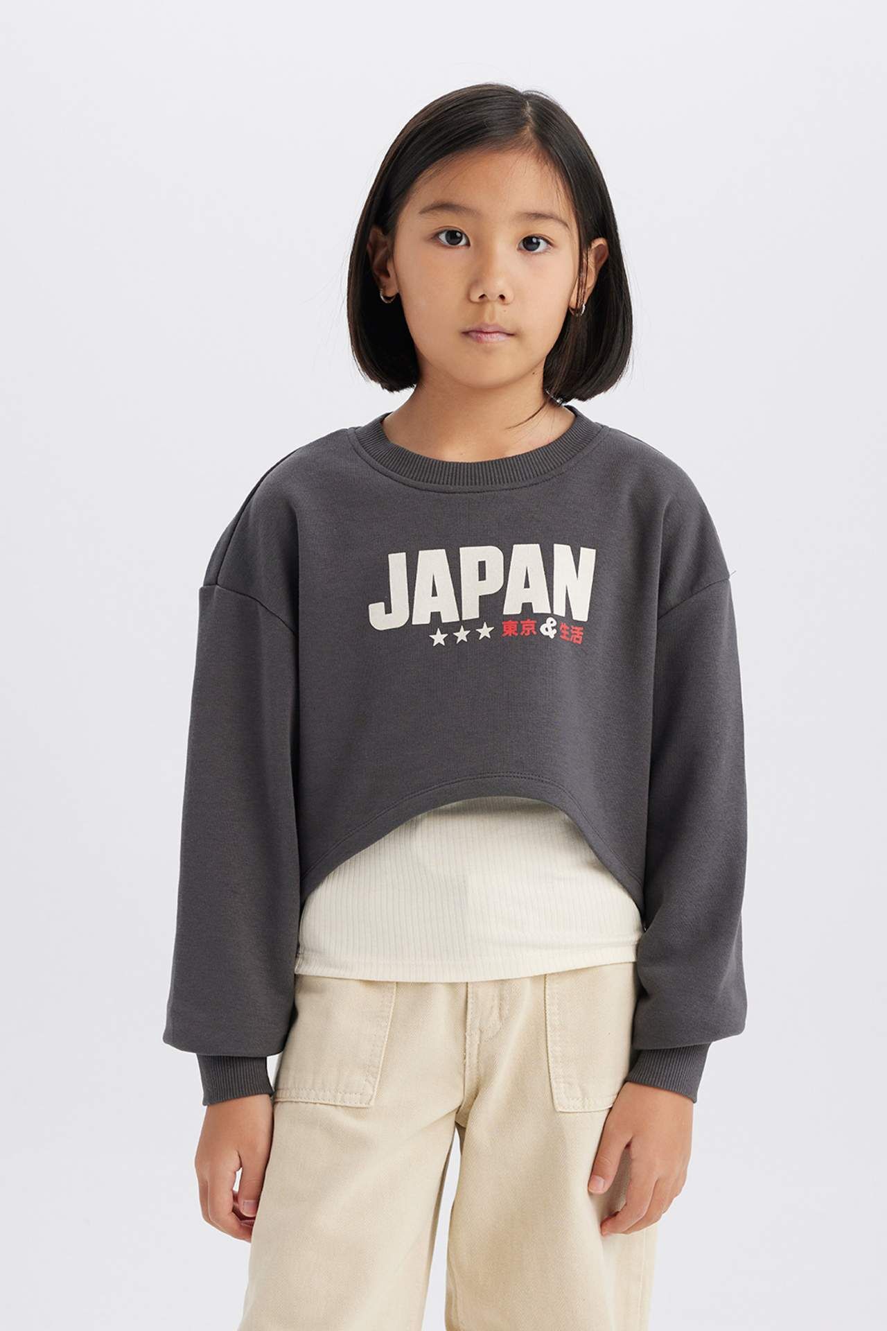 Kız Çocuk 2'li Takım Crop Bisiklet Yaka Baskılı Sweatshirt Atlet