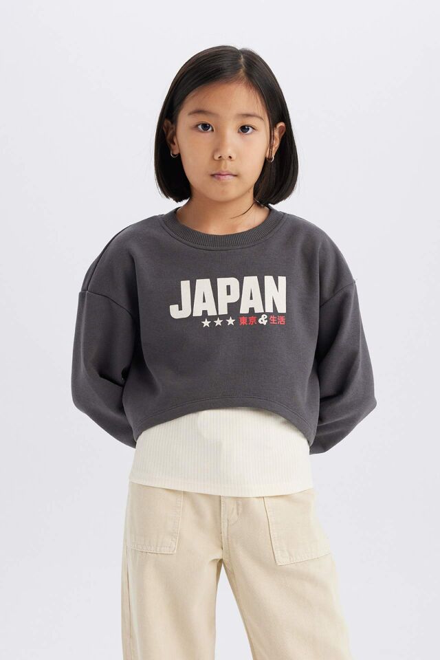 Kız Çocuk 2'li Takım Crop Bisiklet Yaka Baskılı Sweatshirt Atlet