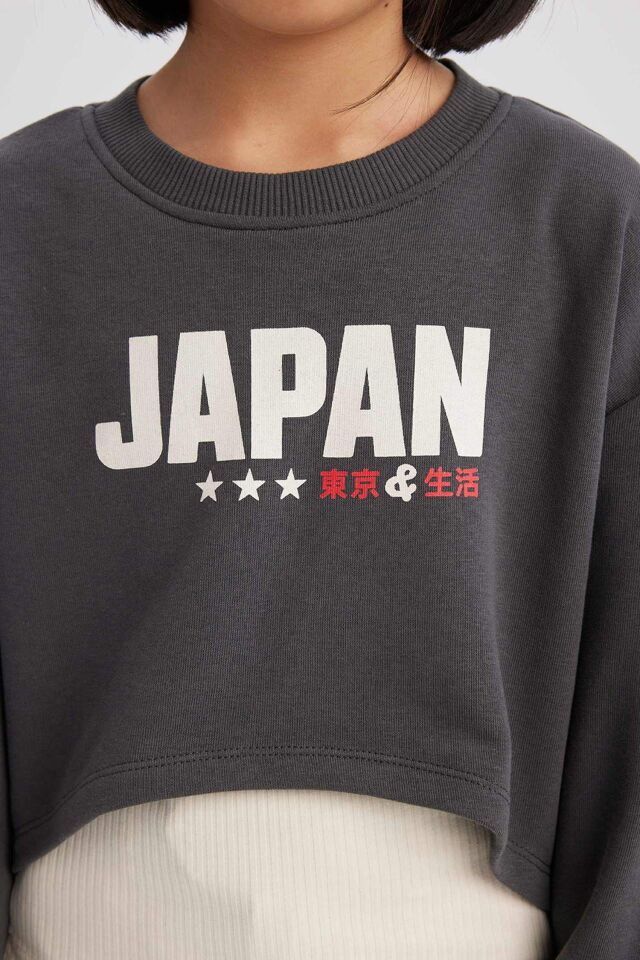 Kız Çocuk 2'li Takım Crop Bisiklet Yaka Baskılı Sweatshirt Atlet