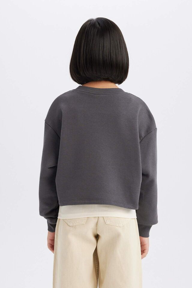 Kız Çocuk 2'li Takım Crop Bisiklet Yaka Baskılı Sweatshirt Atlet