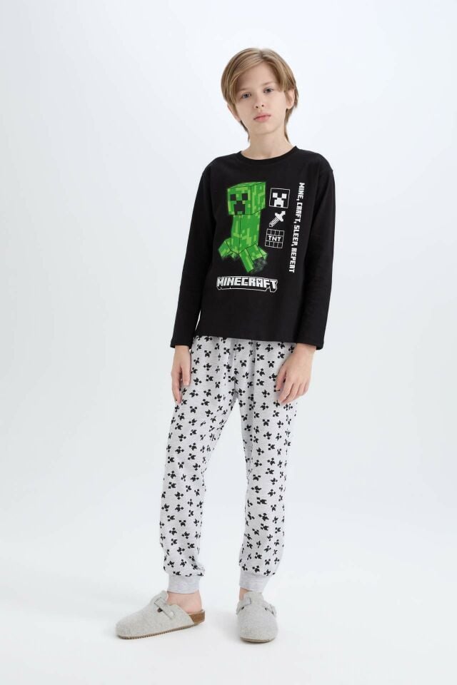 Erkek Çocuk Minecraft Pijama Takımı Bisiklet Yaka Uzun Kollu Üst Beli Lastikli Uzun Alt