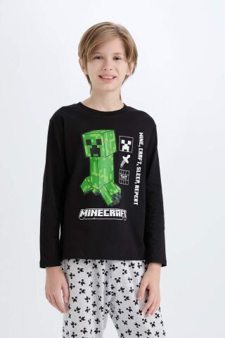 Erkek Çocuk Minecraft Pijama Takımı Bisiklet Yaka Uzun Kollu Üst Beli Lastikli Uzun Alt