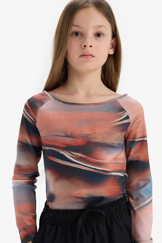 Kız Çocuk Slim Fit Dar Kesim Kaçık Yaka Uzun Kollu Tişört