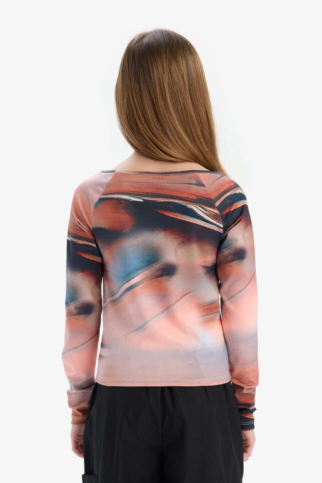 Kız Çocuk Slim Fit Dar Kesim Kaçık Yaka Uzun Kollu Tişört