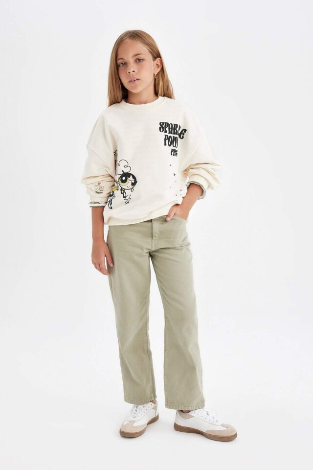 Kız Çocuk PowerPuff Girls Oversize Geniş Kalıp Bisiklet Yaka Sweatshirt