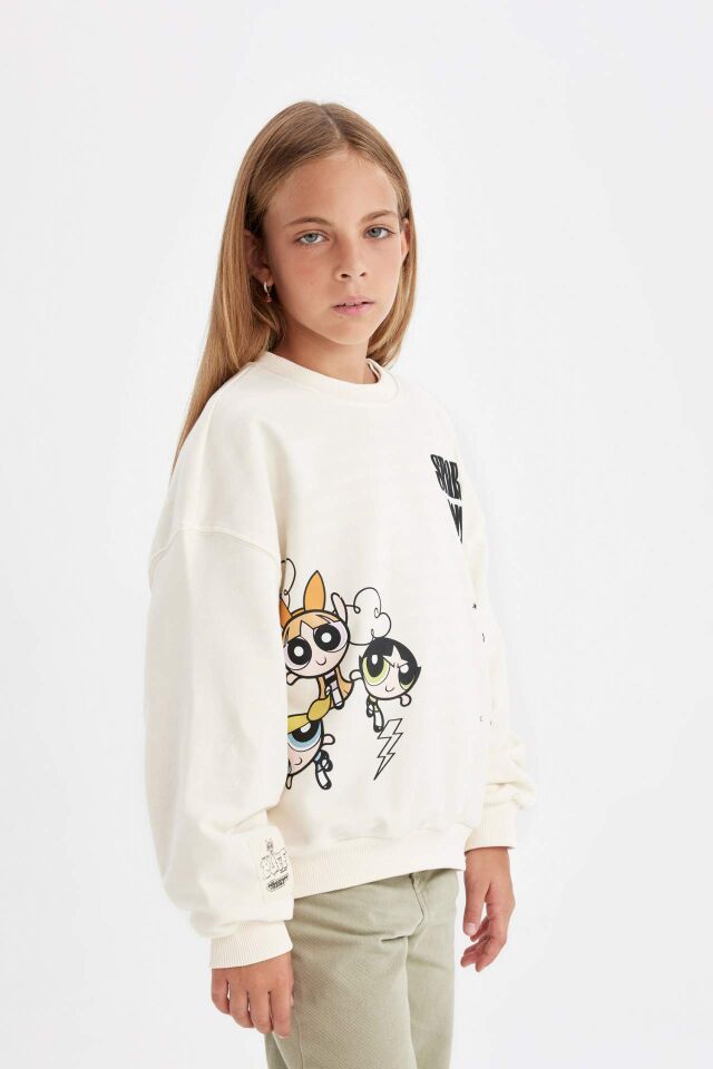 Kız Çocuk PowerPuff Girls Oversize Geniş Kalıp Bisiklet Yaka Sweatshirt