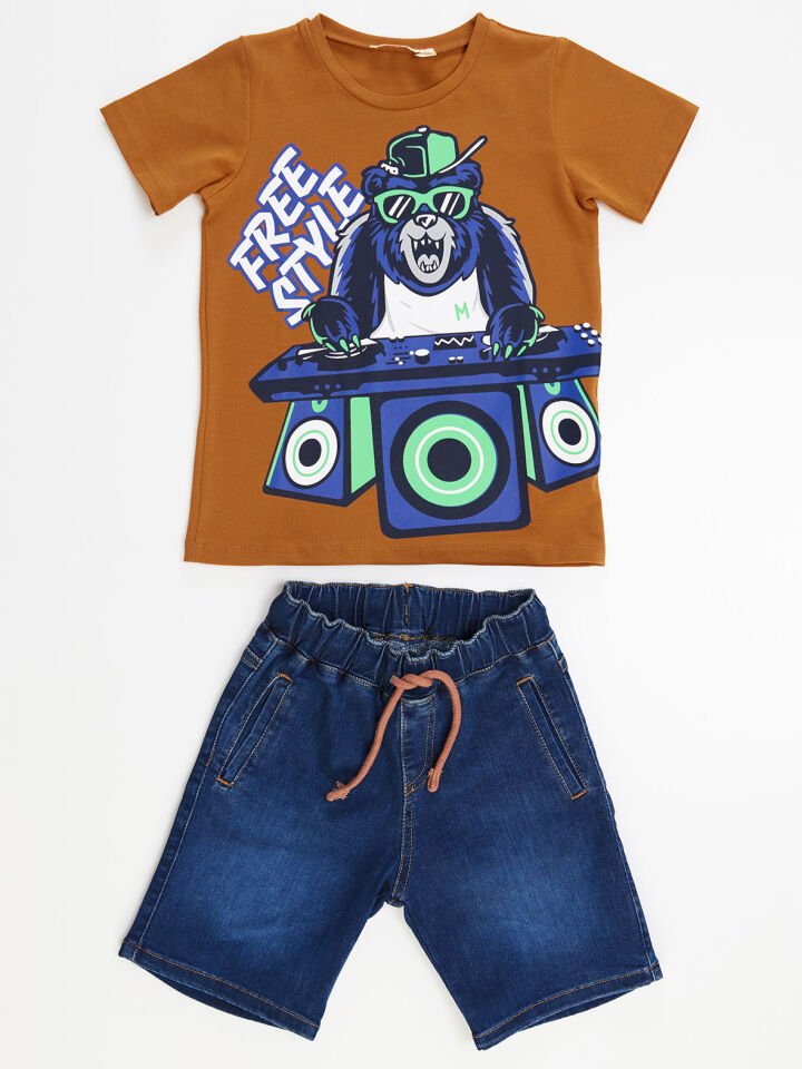 Dj Erkek Çocuk T-shirt Denim Şort Takım 5 Y - Kahverengi, Mavi